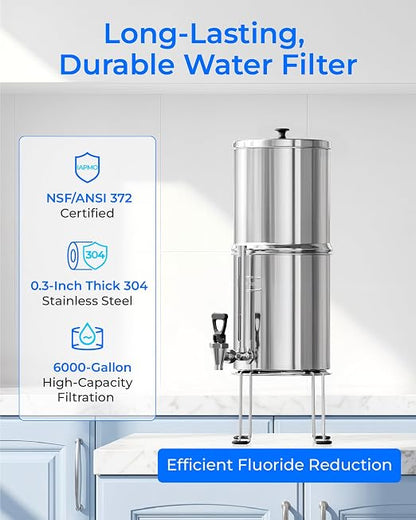 Waterdrop TK-FS Gravity Water Filter System, NSF/ANSI 42&372 Standard | Reduces Chlorine and Lead, Stainless-Steel Water System with 4 Filters, Sight Glass Spigot and Stand, 2.25G