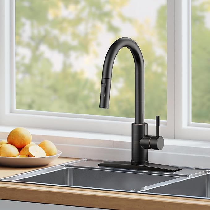 RIOUS Oil Rubbed Bronze Kitchen Faucet with Pull Down Sprayer, High Arc Modern Classic Sink Faucet Stainless Steel with Deck Plate Fit for 1 or 3 Hole for Pot Filler Bar Farmhouse Laundry Rv, ORB
