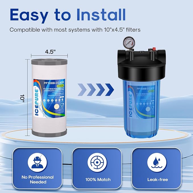 ICEPURE 5 Micron 10" x 4.5" Whole House Sediment Activated Carbon and KDF Water Filter Compatible with GE FXHTC, GXWH40L, RFC-BBSA W50PEHD Whirlpool WHKF-GD25BB GXWH35F GNWH38S Dupont WFHD13001, 1PACK