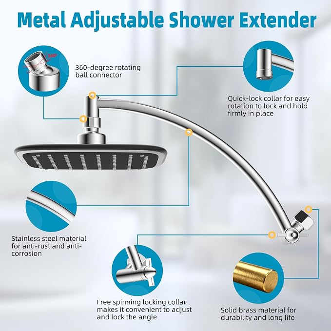 iFealClear Filtered Rain Shower Head with 12" Shower Head Extension Arm, 10" High Pressure Boosting Rainfall Showerhead, Metal Shower Extender Adjustable Height/Angle, 20-Stage Shower Filter, Chrome
