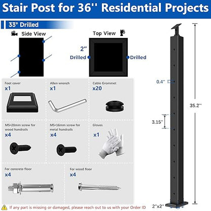 36" T304 Cable Railing Stair Post(Post 35"x2"x2"), Modular 33° Drilled Railing Post with Cable Grommets Fit for 28-38° Stairs, Adjustable Top Stainless Steel Black Finish Staircase Deck Post