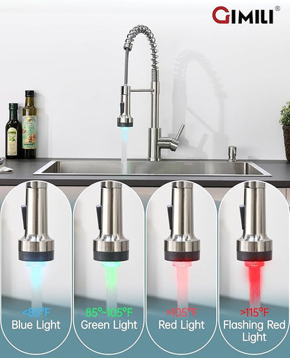 GIMILI LED Kitchen Faucet with Soap Dispenser, Modern Single Handle Spring Kitchen Sink Faucets with Pull Down Sprayer
