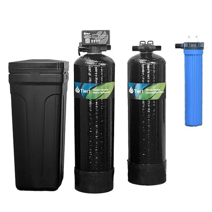 Tier1 32,000 Grain Water Softener & Chloramine Reduction Filter | Whole House 3-in-1 with Catalytic Carbon Filtration & Sediment Pre-Filter | Ideal for 1–2 Bathroom Homes | Metered Valve Control
