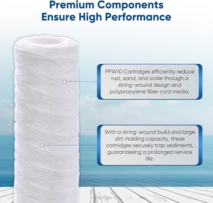 PUREPLUS 50 Micron 10"x2.5" Whole House String Wound Sediment Filter for Well Water, Replacement Cartridge for Universal 10 inch RO System, WP-5, AP110, CFS110, Culligan P5, WFPFC4002, 4Pack