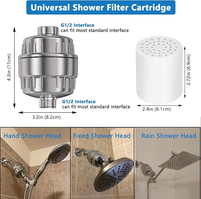 25-Stage Shower Filter for Hard Water with Extra Replacement Cartridge | Help Reduce Chlorine, Odors & Other Impurities for Softer-Feeling Skin & Hair, High Output Shower Water Filter, Universal Fit