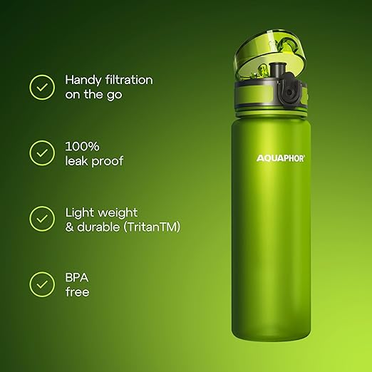 AQUAPHOR City Water Filter Bottle 500 ml | Portable Filtered Water Bottle with Integrated Water Purifier | BPA-Free | Reusable Bottle with Water Filter for Camping, Travel & Outdoor Use | Green