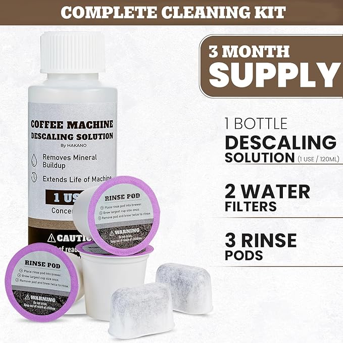 3 Month Brewer Care Cleaning Maintenance Kit Compatible with Keurig Coffee Makers | 1 Bottle Descaling solution| 3 Rinse Pods| 2 Water Filters