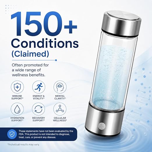 ElysVita Hydrogen Water Bottle — SPE Electrolysis Technology, BPA-Free Borosilicate Glass, 14 oz | Antioxidant Rich, Micro-Plastic Free Hydrogen Generator Bottle with USB Charging