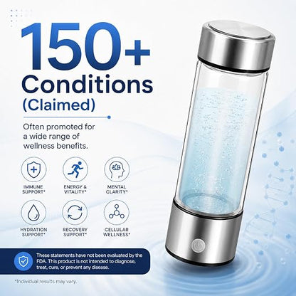 ElysVita Hydrogen Water Bottle — SPE Electrolysis Technology, BPA-Free Borosilicate Glass, 14 oz | Antioxidant Rich, Micro-Plastic Free Hydrogen Generator Bottle with USB Charging