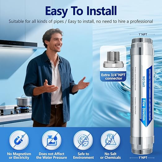 Scale Water Softener System,Salt-Free Water Descaler Whole House, ¾-Inch NPT Water Descaler System, Prevents Limescale in Tankless Water Heaters, Pipes, Dishwasher,Smart Toilets & Appliances