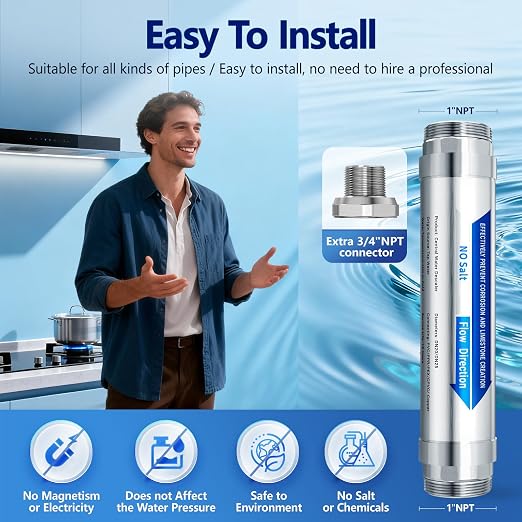 Scale Water Softener System,Salt-Free Water Descaler Whole House, ¾-Inch NPT Water Descaler System, Prevents Limescale in Tankless Water Heaters, Pipes, Dishwasher,Smart Toilets & Appliances