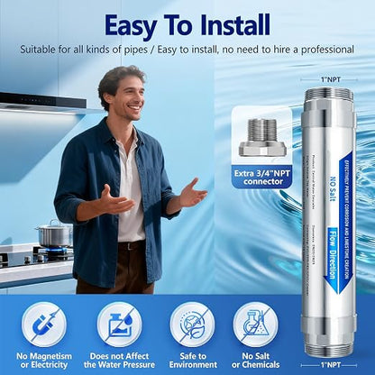 Scale Water Softener System,Salt-Free Water Descaler Whole House, ¾-Inch NPT Water Descaler System, Prevents Limescale in Tankless Water Heaters, Pipes, Dishwasher,Smart Toilets & Appliances