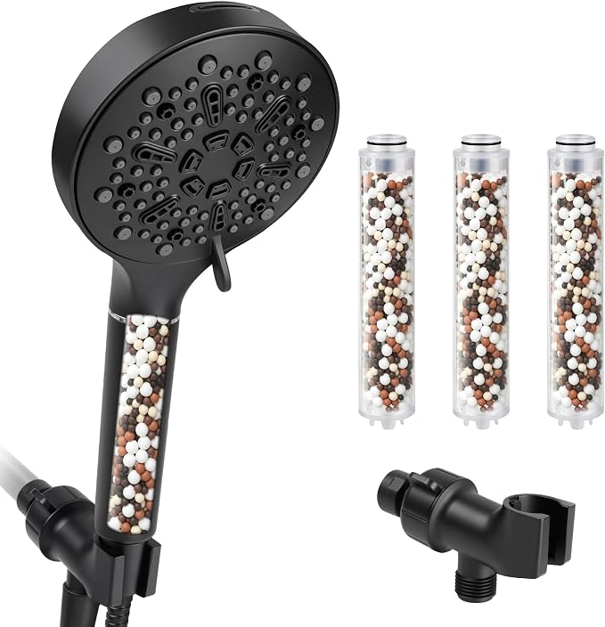 Filtered Shower Head with Handheld, Filtered Shower Head with 3-PCS Filters For Hard Water, 7-Spray Modes 5" High Pressure Shower Head, Built-in Power Jets Shower Heads, Black