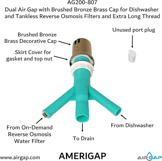 Dual Air Gap with Brushed Bronze Brass Cap for Dishwasher and Tankless Reverse Osmosis Filter and Extra Long Thread (AG200-807, AG200-X07, AMERIGAP)