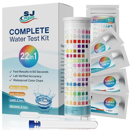 SJ WAVE 22 in 1 Water Test Kits - 125 Strips Drinking Water Test Kit, Home Tap and Well Water Tester for Bacteria pH Hardness Lead Iron Copper Chlorine Cyanuric Acid