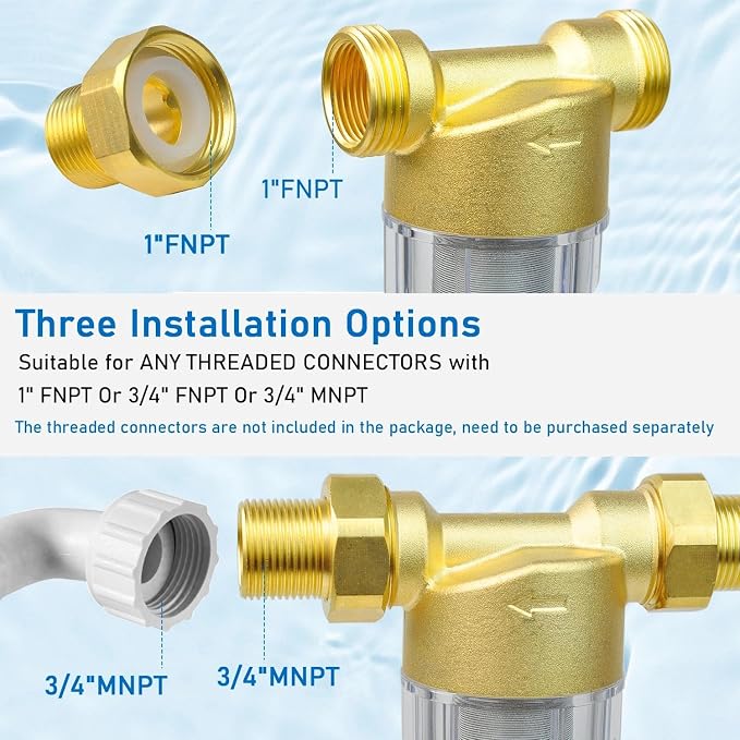 Spin Down Sediment Filter System for City/Well Water, Reusable Whole House Sediment Water Filter, 40-60 Micron, 1" MNPT to 3/4" FNPT & MNPT, Home Pre-filtration System
