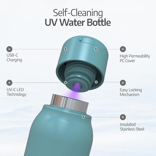 UVBRITE Go Self-Cleaning UV Water Bottle - 6 Bottles 18.6 oz Insulated Stainless-Steel Rechargeable Reusable Bottle Push Button Sterilization Travel Friendly