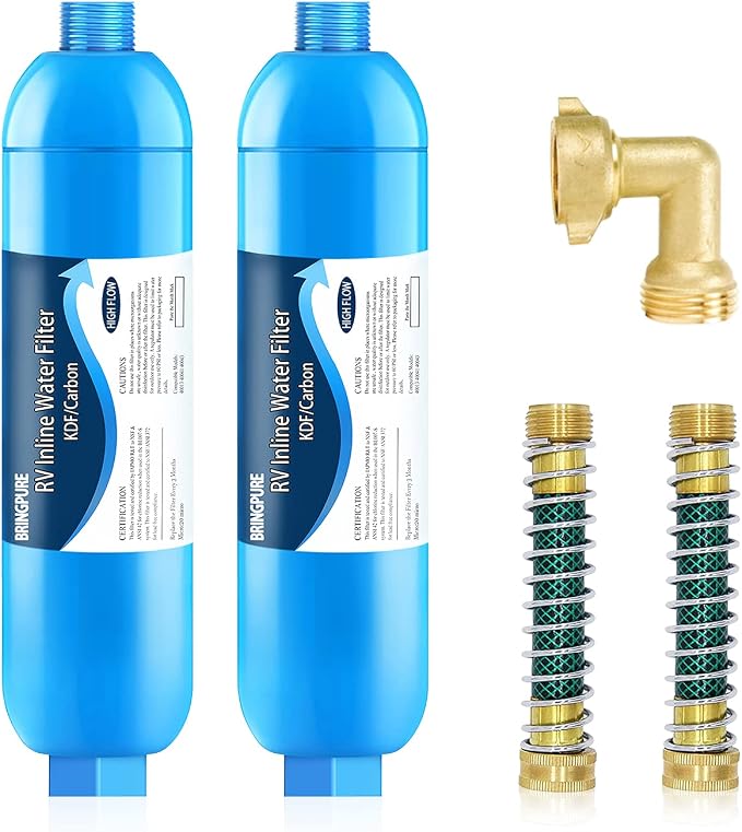Bringpure RV Water Filter with 90 Degree Elbow and Flexible Hose Protector | NSF 42/372 Certified, Reduce Chlorine, Odor, Taste, Rust and Fluoride in Drinking Water, Dedicated for RV and Marine, 2 Pack