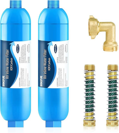 Bringpure RV Water Filter with 90 Degree Elbow and Flexible Hose Protector | NSF 42/372 Certified, Reduce Chlorine, Odor, Taste, Rust and Fluoride in Drinking Water, Dedicated for RV and Marine, 2 Pack