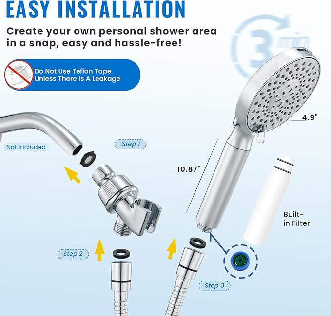 Ryamen Filtered Shower Head with Handheld, High Pressure 9-Spray Modes Detachable Shower Head with Filter for Hard Water-Remove Chlorine & Impurities, Improve Skin & Hair Health, 2 Filters, Chrome