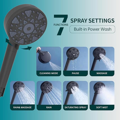 Black High Pressure Handheld Filtered Shower Head, 7 Spray Settings with Water Saving Pause Mode, for Hard Water Remove Chlorine Relieve Dry Skin, Universal Replaceable Filter