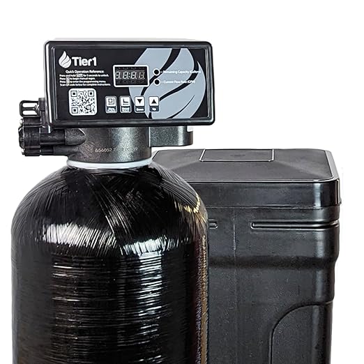 Tier1 Whole House Water Softener System 24000 Grain Capacity | Compact Space Saving Design with Ceramic Control Valve | Preloaded Resin Mineral Tank | Home Water Filtration System for 2 to 3 Bath Use