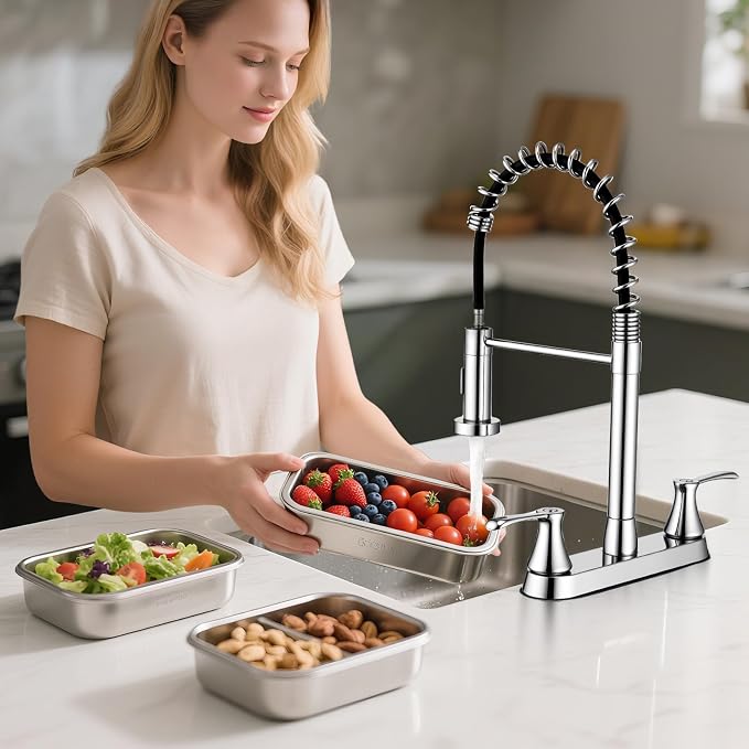 HOMELODY 2 Handles Kitchen Faucet with Pull Down Sprayer for 3 Hole Sink, 360° Rotating Spout Commercial 2 Handle Stainless Steel Kitchen Faucets with Deck Plate Chrome