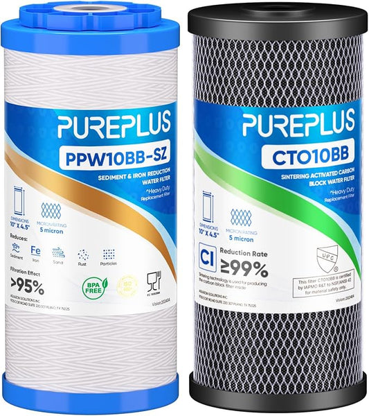 PUREPLUS 5 Micron 4.5"x10" Whole House Water Filter Combo, with String Wound Sediment & Iron Reducing Filter and Activated Carbon Block Filter, 1PACK