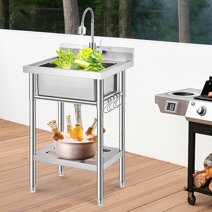 Garvee Stainless Steel Utility Sink with Faucet & Storage Shelf, 304 Single Bowl Freestanding Sink with Adjustable Legs, S-Hooks, Hot & Cold Water Pipes for Kitchen, Laundry, Garage, Farm, Outdoor Use