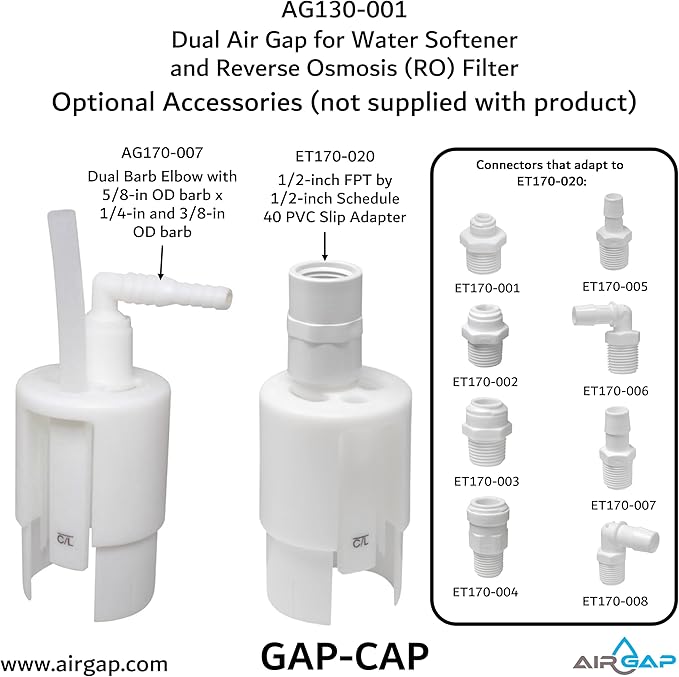Dual Air Gap for Water Softener and Reverse Osmosis with 5/8 or 1/2-inch and 3/8 or 1/4-inch inlets, 1-1/2 or 2-inch Standpipe (8500, GAP-CAP, AG130-001)