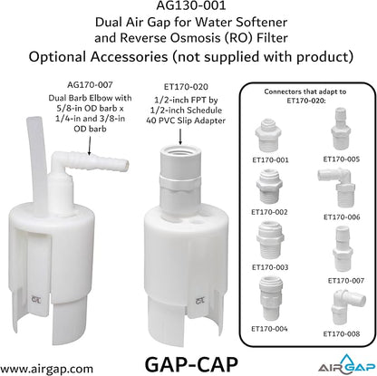 Dual Air Gap for Water Softener and Reverse Osmosis with 5/8 or 1/2-inch and 3/8 or 1/4-inch inlets, 1-1/2 or 2-inch Standpipe (8500, GAP-CAP, AG130-001)