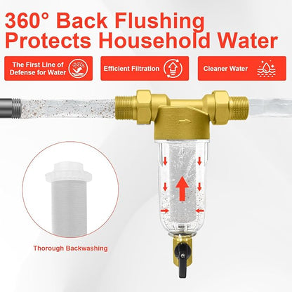 Spin Down Sediment Filter, 40/100/200 Micron Inline Water Filter | For Well Water, Whole House Prefilter Filtration System, Lead-Free Brass, 1" MNPT 3/4" FNPT 3/4" MNPT