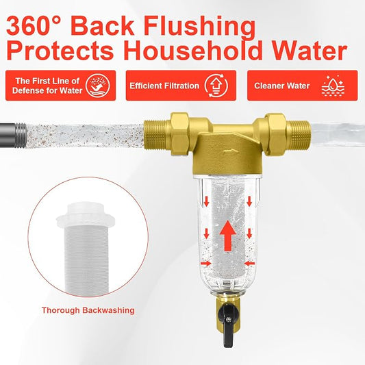 Spin Down Sediment Filter, 40/100/200 Micron Inline Water Filter | For Well Water, Whole House Prefilter Filtration System, Lead-Free Brass, 1" MNPT 3/4" FNPT 3/4" MNPT