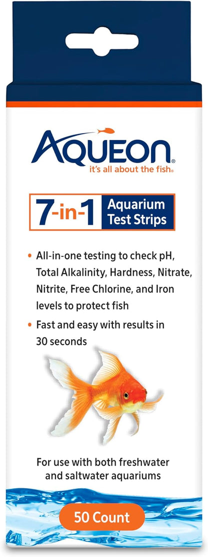 Aqueon 7-in-1 Aquarium Test Strips, Fast Results for pH, Total Alkalinity, Hardness, Nitrate, Nitrite, Free Chlorine and Iron Levels, for Freshwater and Saltwater, 50 Count