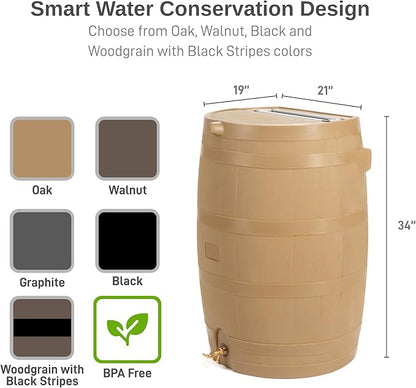 RTS Home Accents 50-Gallon Rain Water Collection Barrel with Brass Spigot, Oak Color