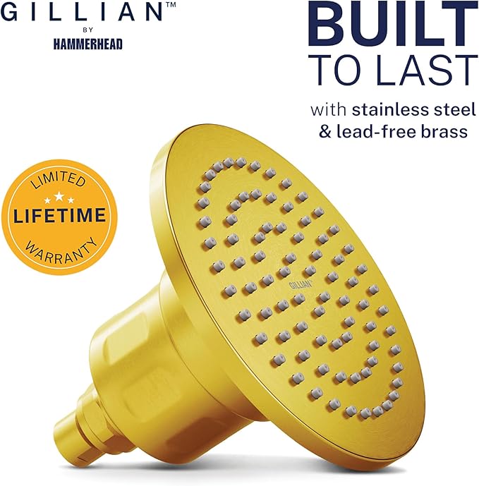 Gillian™ by HammerHead High Pressure Shower Head with Filter – Genuine KDF-55 Filtered Shower Head for Hard Water, Healthier Skin & Hair – Metal 6-Inch Rainfall Showerhead with Filters, Brushed Gold