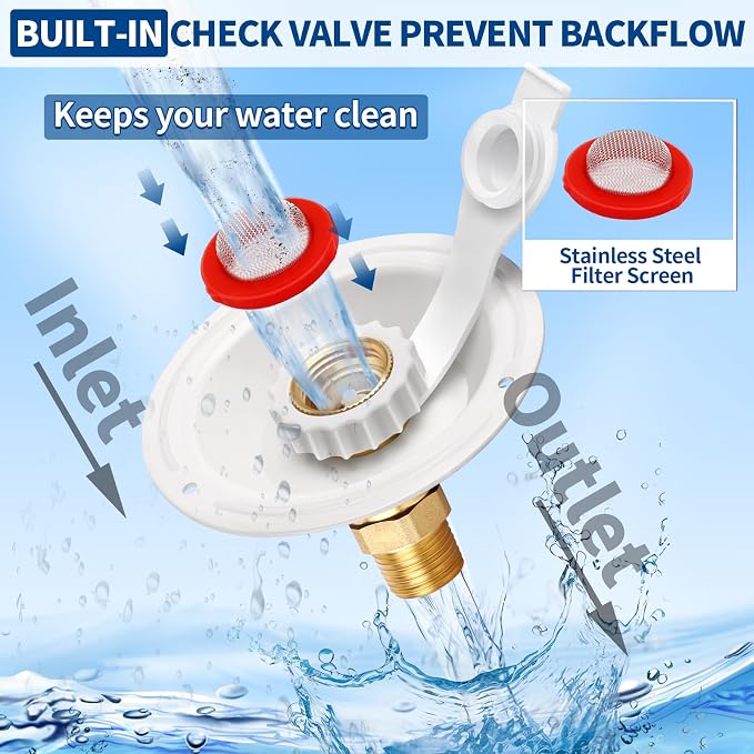 RV City Water Fill Inlet Flange Check Valve Water Hookup Connector 3/4 NH Female to 1/2 NPT Male Mount Lead-Free Brass Flush RV Water Backflow Preventer with Dust Plug for RV Camper Motorhome