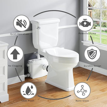 800Pro Macerating Toilet with Pump–Upflush Toilet System for Basement/Attic, 4 Water Inlets & AC Vent, 36ft Vertical Lift, Dual Flush, Easy Install,17.7" Elongated Toilet