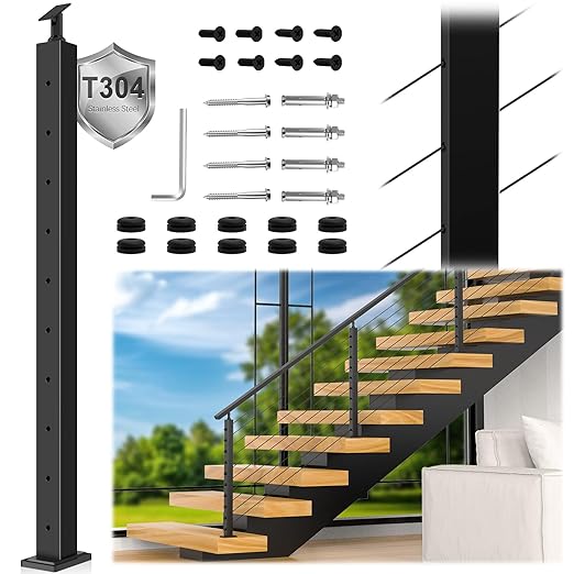36" T304 Cable Railing Stair Post(Post 35"x2"x2"), Modular 33° Drilled Railing Post with Cable Grommets Fit for 28-38° Stairs, Adjustable Top Stainless Steel Black Finish Staircase Deck Post
