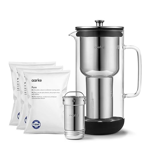 Aarke Purifier Regular Glass Pitcher Bundle w/Steel Filter, BPA-Free, 4 Pure Refill Granules - Filters Heavy Metals, 2.4L Pitcher with 1.18L Filtration Capacity