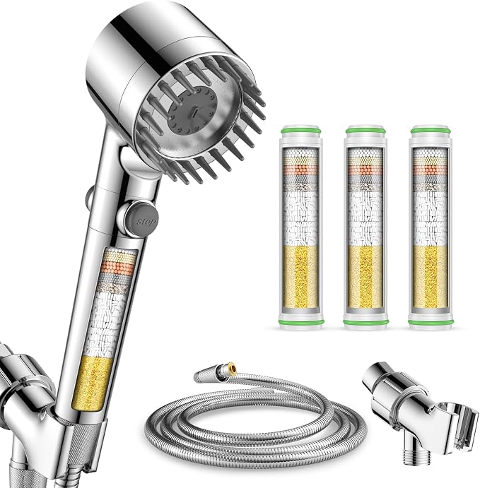 Filtered Shower Head with Handheld with 3PCS Filters, High Pressure 4 Spray Modes Showerhead with Filters, Water Softener Filters for Hard Water, IronDrops 59" Hose