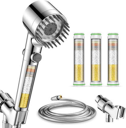 Filtered Shower Head with Handheld with 3PCS Filters, High Pressure 4 Spray Modes Showerhead with Filters, Water Softener Filters for Hard Water, IronDrops 59" Hose