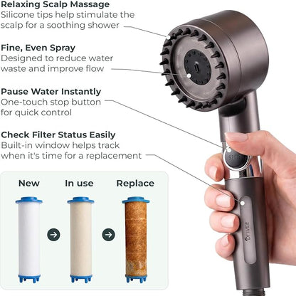 Drivse Filtered Shower Head for Hard Water | Ion Drops High Pressure Handheld Shower Head with Stainless Steel Hose | 3 Spray Modes | Tool-Free Install | Softer Skin & Healthier Hair