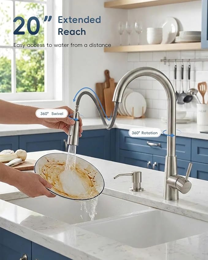 APPASO Brushed Nickel Kitchen Faucet with Soap Dispenser and Pull Down Sprayer, 2-Mode S304 Stainless Steel High Arc Faucet with Deck Plate for 1-4 Hole Sink, Lead-Free cUPC Certified