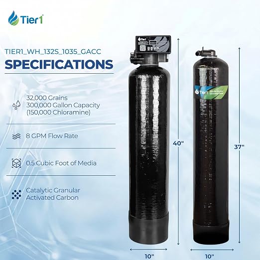 Tier1 32,000 Grain Water Softener & Chloramine Reduction Filter | Whole House 3-in-1 with Catalytic Carbon Filtration & Sediment Pre-Filter | Ideal for 1–2 Bathroom Homes | Metered Valve Control