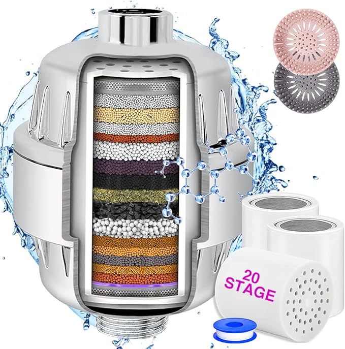 Shower Filter, 20 Stage Shower Head Filter for Hard Water High Output Shower Water Filter Shower Water Softener with 3 Replaceable Filter Cartridges Reduce Chlorine, Dry Skin, Itchy Scalp -Chrome