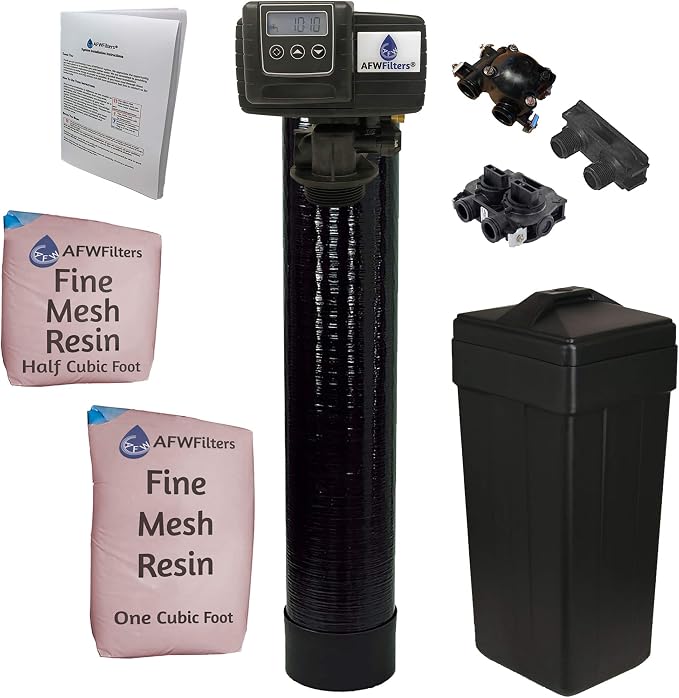AFWFilters 1.5 Cubic Foot (48k) Whole Home Iron Pro Water Softener with Fine Mesh Resin, 3/4" Plastic MNPT Connection, and Black Tanks