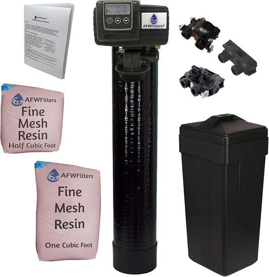 AFWFilters 1.5 Cubic Foot (48k) Whole Home Iron Pro Water Softener with Fine Mesh Resin, 3/4" Plastic MNPT Connection, and Black Tanks