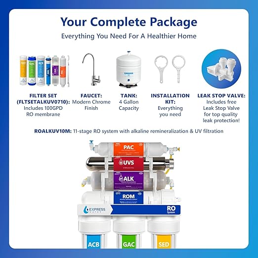 Express Water Reverse Osmosis Water Filtration System with Alkaline & UV Filter – 11 Stage UV Water Filter – Under Sink Water Filter with Alkaline Filter for Added Essential Minerals – 100 GDP