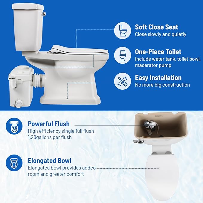 750watt Macerating Toilet with Pump, Two-Piece Upflush Toilet For Basement, Powerful & Quiet Macerating System With 3 Water Inlet & Ac Vent, 36ft Vertically, Elongated Bowl